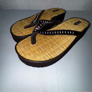 Vintage American Eagle Leather Bamboo‎ Platform Flip Flop Sandals Slides Size 9